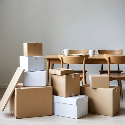 Cardboard boxes near wooden dining table