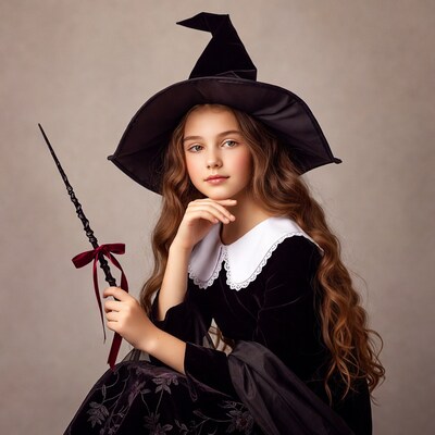 Girl in witch costume with wand