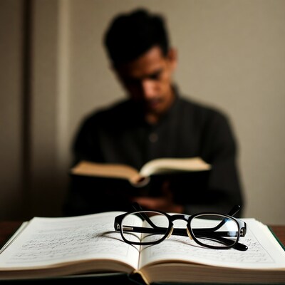 Glasses on notebook with blurred man reading