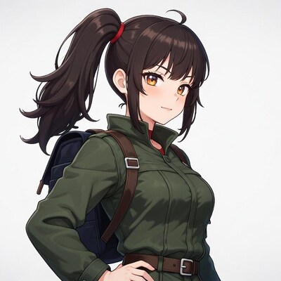 Anime girl in green jacket with backpack