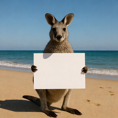 Kangaroo holding blank sign on beach