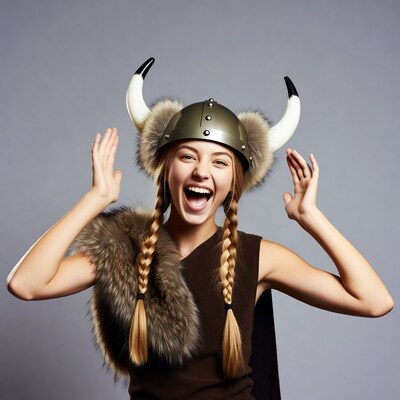 Girl in Viking helmet laughing excitedly