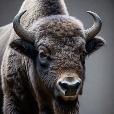 Close-up bison with large curved horns