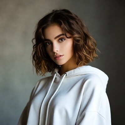 Woman with wavy brown hair in white hoodie
