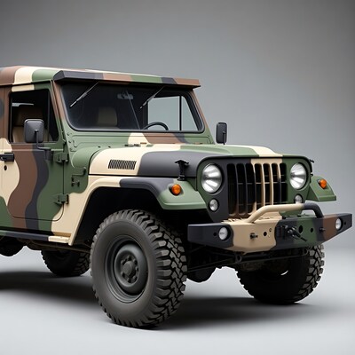 Camouflage Jeep Wrangler on gray background