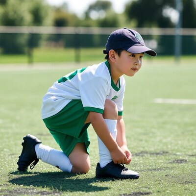 Asian boy tying soccer cleats