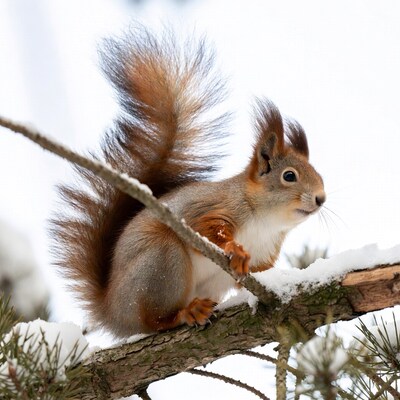 Red squirrel on snowy branch