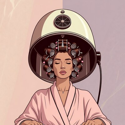 Woman under vintage hair dryer