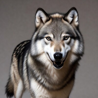 Gray wolf smiling on gray background