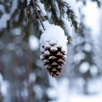 Snowy pine cone on branch
