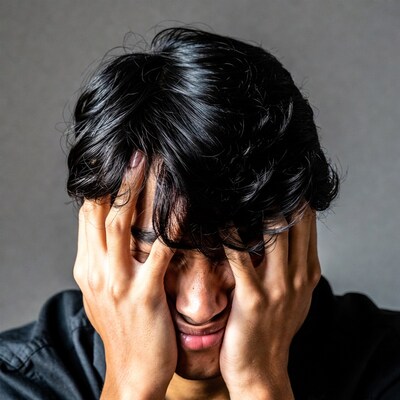 Asian man covering face with hands
