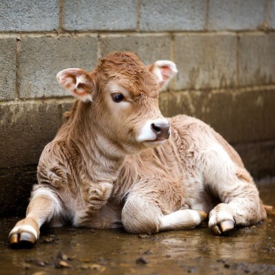 Wet Calf Lying on Barn Floor