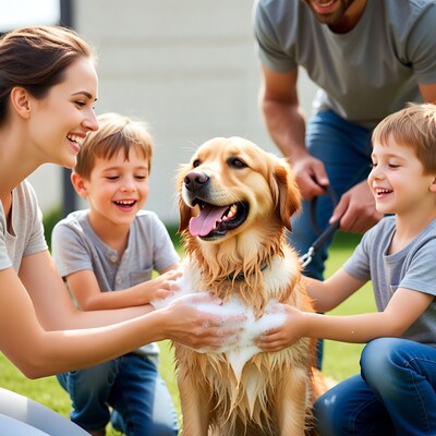 Family washing golden retriever dog