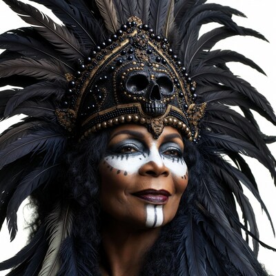 African-American woman in skull feather headdress