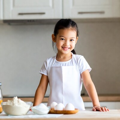 Asian girl baking with eggs and flour
