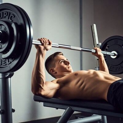 Man bench pressing barbell