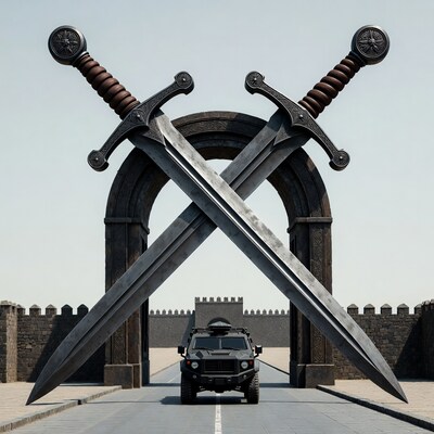 Crossed Swords Gate with Black SUV