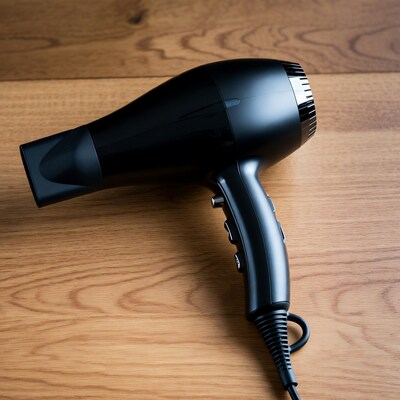 Black hair dryer on wooden table