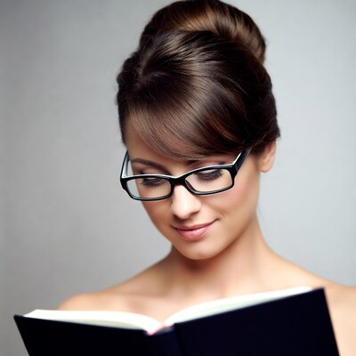 Woman reading book with glasses