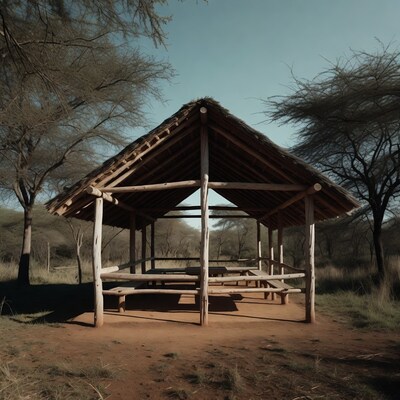 Traditional thatched wooden shelter savanna