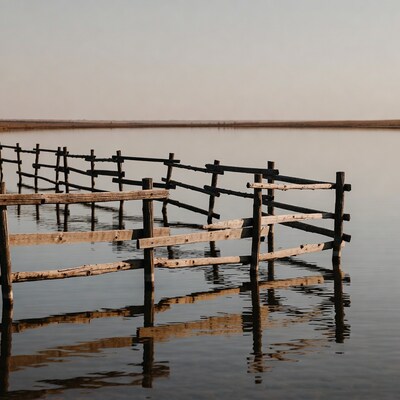 Wooden fence over calm lake water