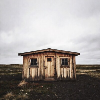 Wooden shack in foggy tundra