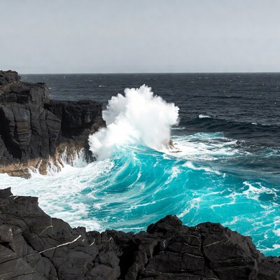 Massive wave crashing on black cliffs