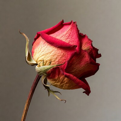 Wilted red rose on gray background