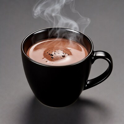 Hot chocolate in black mug steaming