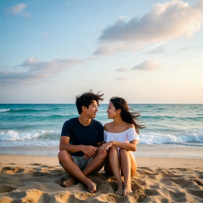 Asian couple sitting on beach