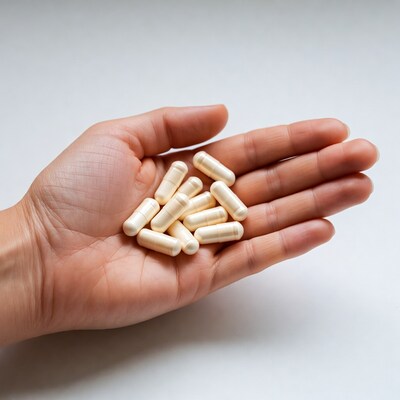 Hand holding white capsules
