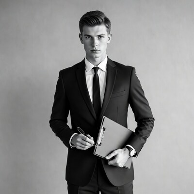 Young man in suit holding clipboard