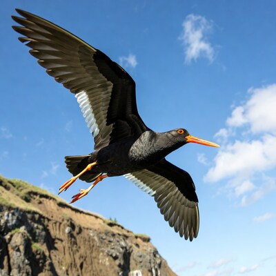 Black Oystercatcher Flying over Cliff