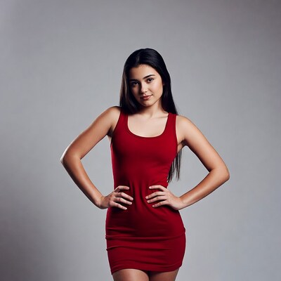 Asian girl in red dress hands on hips