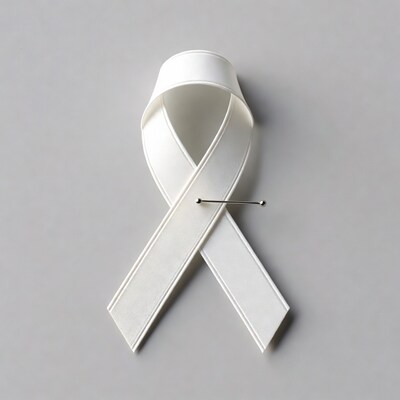 White Ribbon Pinned on Gray Background