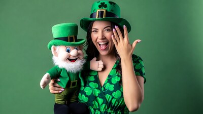 Woman holding leprechaun doll St Patricks