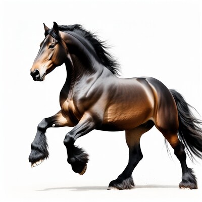 Friesian horse rearing on white background
