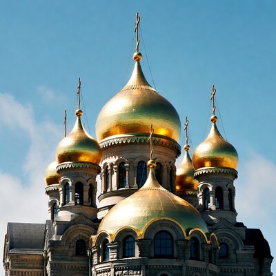 Golden onion domes Orthodox cathedral