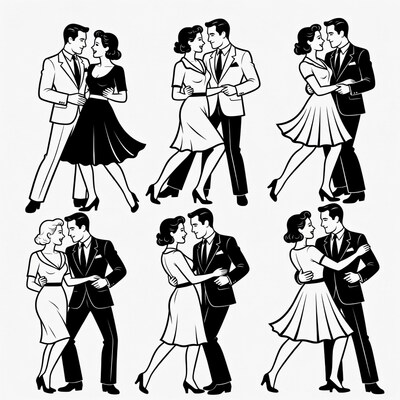 Vintage Couples Dancing Line Art
