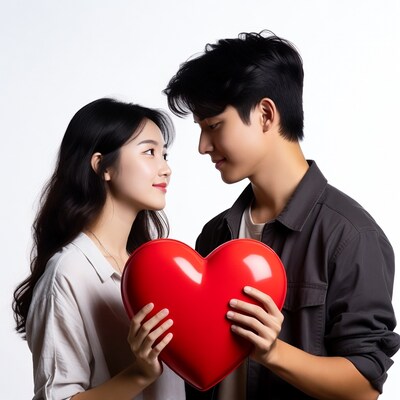 Asian couple holding red heart