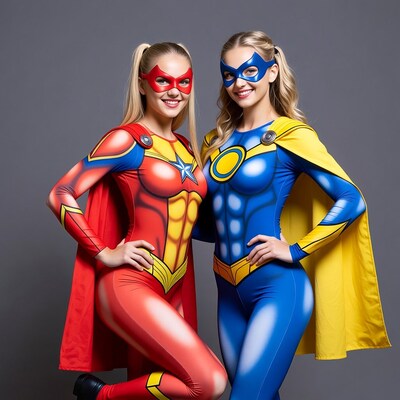 Two blonde women in red blue superhero costumes