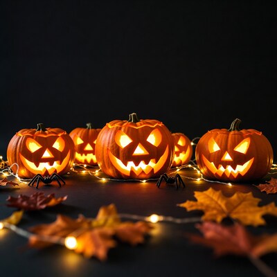 Jack-o-lanterns with spider and fall leaves