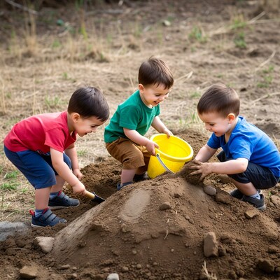 Three boys playing with sand and bucket