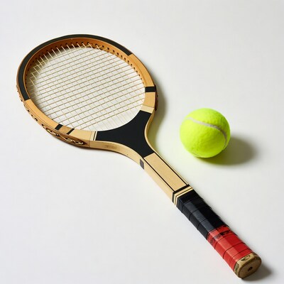 Vintage tennis racket and ball