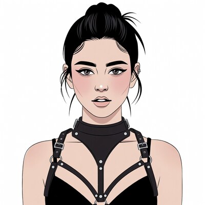Asian woman in black harness corset