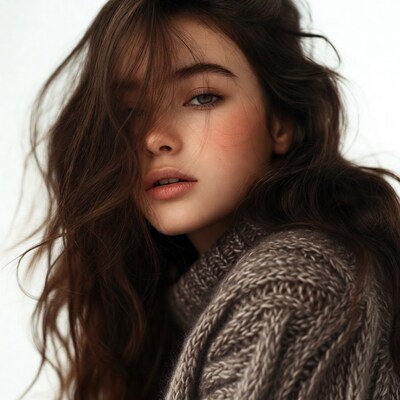 Woman with long brown hair in sweater