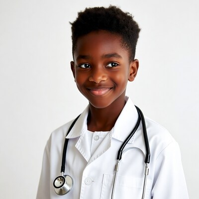 Black boy in doctor coat with stethoscope