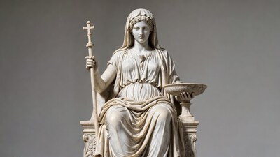 Marble statue of seated woman with cross and bowl