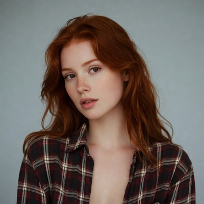Redhead woman in plaid shirt