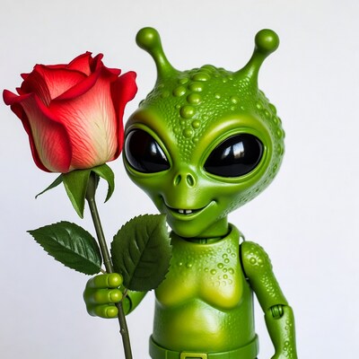 Alien holding red rose